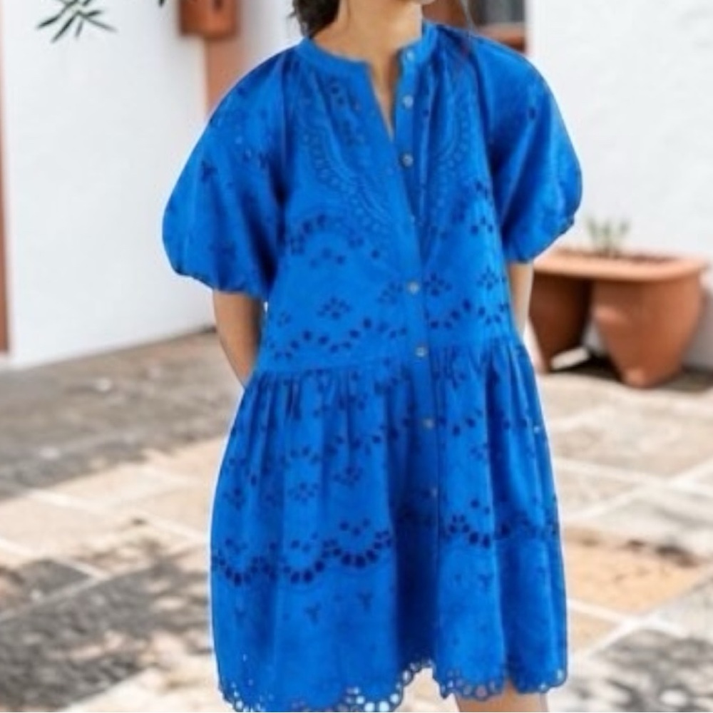 MAIJIE Eyelet Embroidered Mini Dress in Cobalt Blue (M) (NWT)